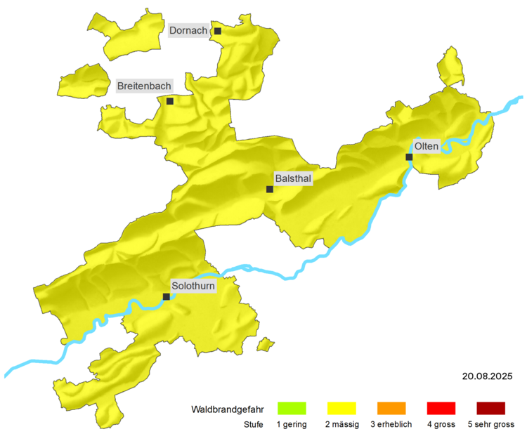 Topografische Karte Kanton Solothurn. Gelb eingefärbt. Waldbrandgefahrenstufe 2 "mässig"
