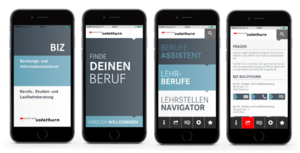 4 Bilder zeigen die verschiedenen Layouts der BIZ-App