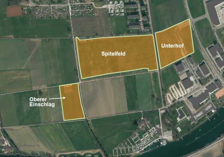 Stadtmist Orthofoto Eine Orghofotografie. Erkennbar sind Strassen und Felder. Es ist eingezeichnet wo der Stadtmiste der Stadt Solothurn ist.