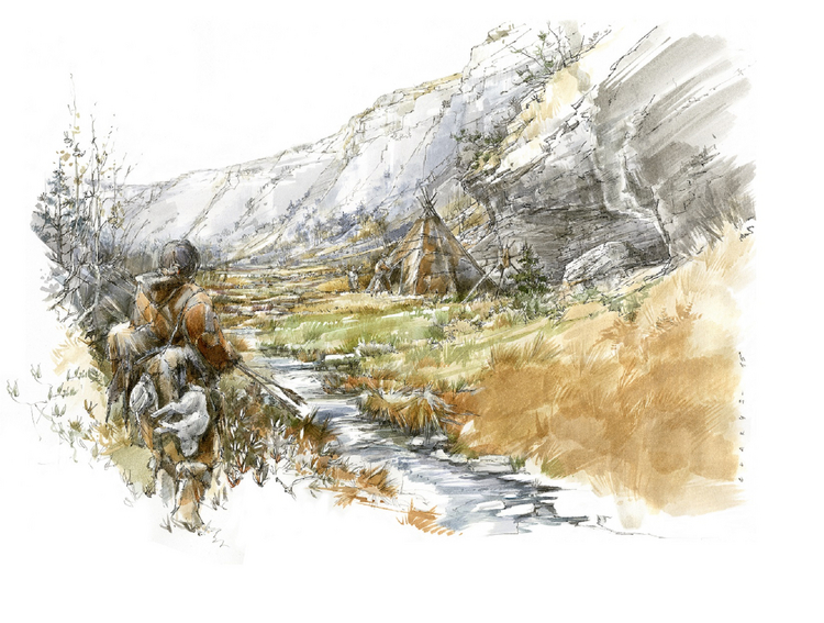 Chesselgraben bei Erschwil im Frühling 14‘058 v. Chr. Onava kehrt erfolgreich von der Jagd zurück. (Illustration: Benoît Clarys)