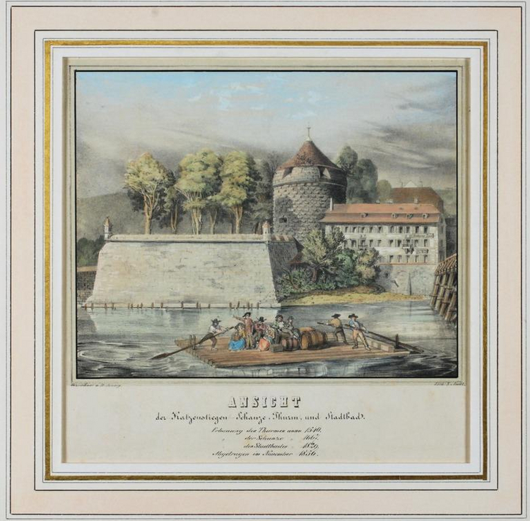 Ansicht Katzenstiegen, Schanze, Turm und Stadtbad Transport von Weinfässern auf der Aare bei Solothurn mit einem Floss