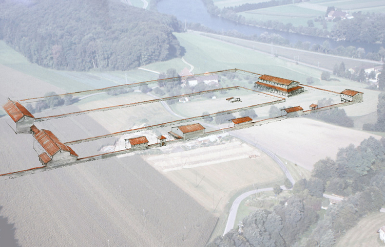 Landschaftsfoto mit überlagerter Zeichnung der römischen Gebäude
