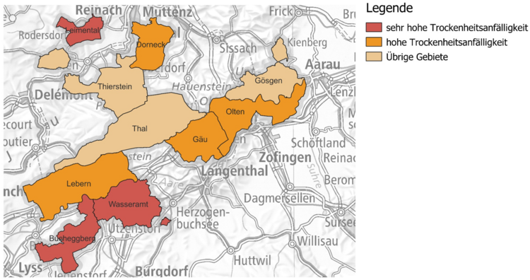 Karte mit Gebieten mit hoher oder sehr hoher Trockenheitsanfälligkeit