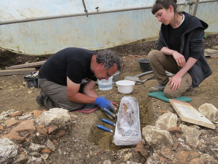 Mitarbeiter der Kantonsarchäologie bei der Bergung des Kurzschwertes aus einem Männergrab