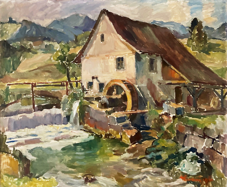 August Cuenis Darstellung der Hammerschmiede impressionistisches Ölbild der Hammerschmiede neben der Lüssel. In der Bildmitte gut sichtbar das grosse Wasserrad