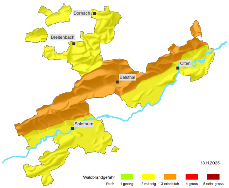 Topografische Karte Kanton Solothurn, oberer Teil und unterer Teil gelb Stufe 2, mittlerer Teil Jura - Thäler Orange Stufe 3