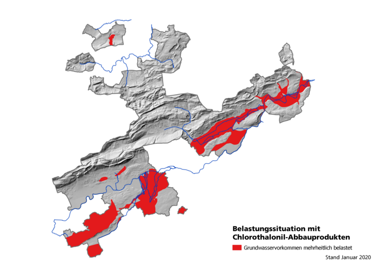 Eine Karte des Kantons Solothurn auf der die Belastung mit Chlorothalonil gezeigt wird.