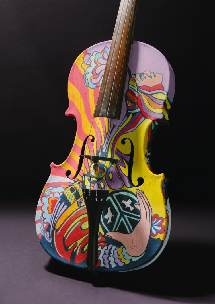 Woche der Religionen 2019 Bunte Gitarre mit verschiedenen Symbolen zum Thema Religion