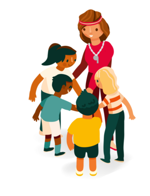 Illustration einer Trainerin mit vier Kindern, die ihre Hände zur Mitte legen, als Symbol für Teamgeist. Illustration einer Trainerin mit vier Kindern, die ihre Hände zur Mitte legen, als Symbol für Teamgeist.