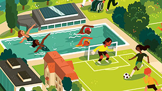 Illustration mit Menschen, die schwimmen und Fussball spielen