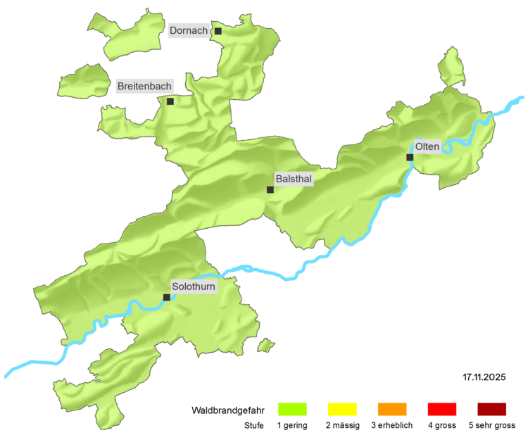 topografische Karte Kanton Solothurn, grün eingefärbt, Waldbrandgefahrenstufe 1 gering