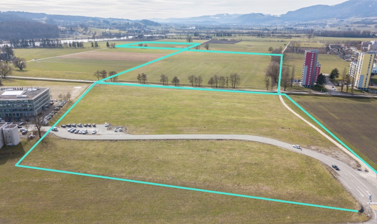 Stadtmist Solothurn Drohnenaufnahme Grüne Wiese und eine Strasse. Mit grüner Farbe ist eingezeichnet, wo der Stadtmist der Stadt Solothurn ist.