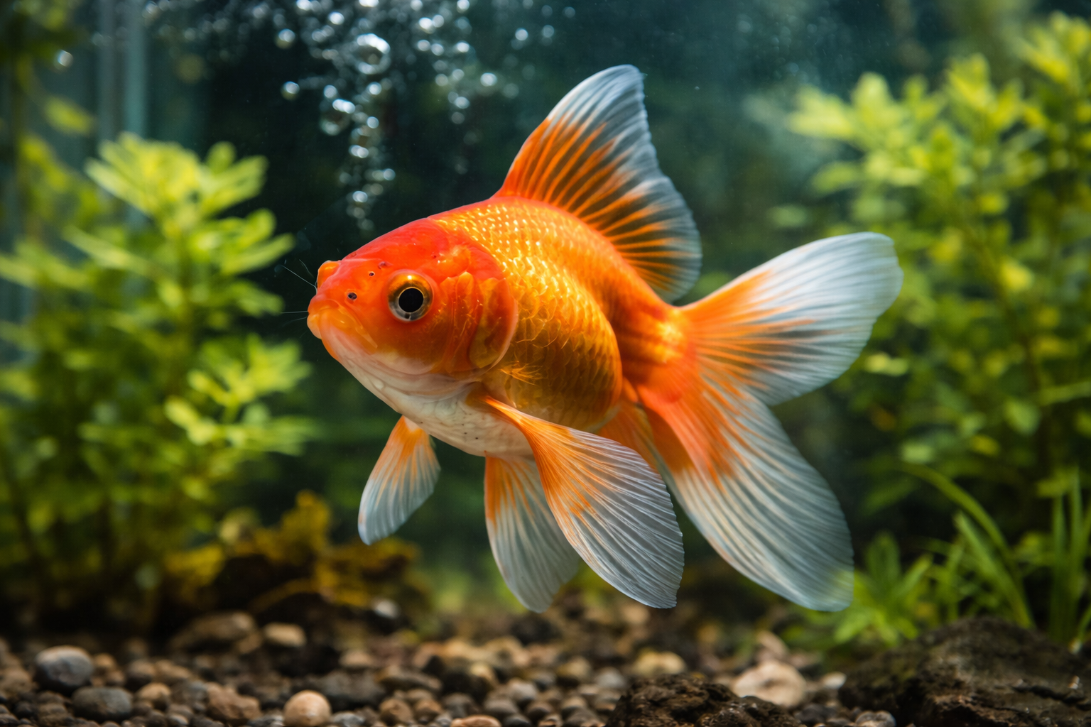 Edler Goldfisch schwimmt im Aquarium