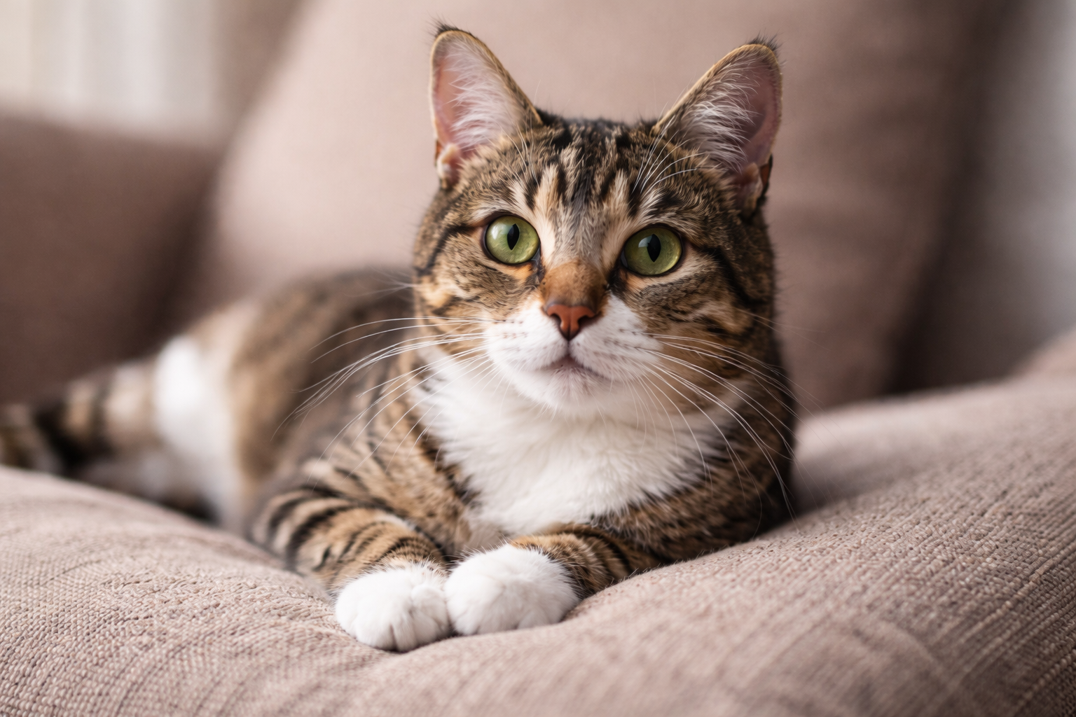 Getigerte Hauskatze liegt auf dem Sofa