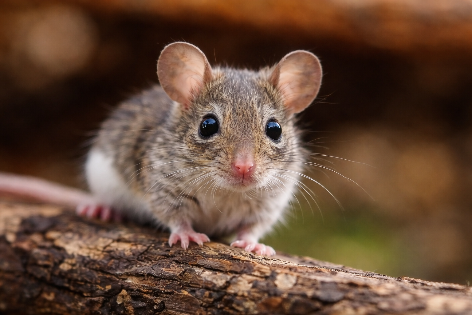 Kleine Maus sitzt auf einem Holzstück