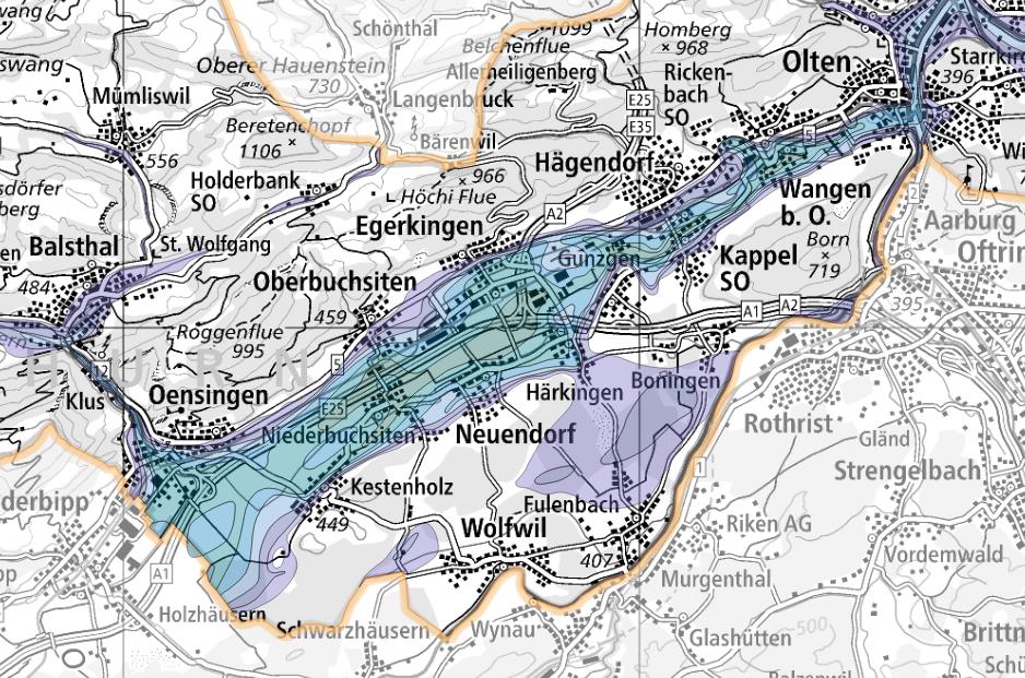WebGIS-Ausschnitt mit Angaben der Grundwassermächtigkeit