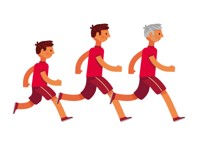 Illustration einer Person in drei Altersstufen – Kind, Erwachsener und Senior – die in dieselbe Richtung laufen, als Symbol für lebenslanges Sporttreiben.