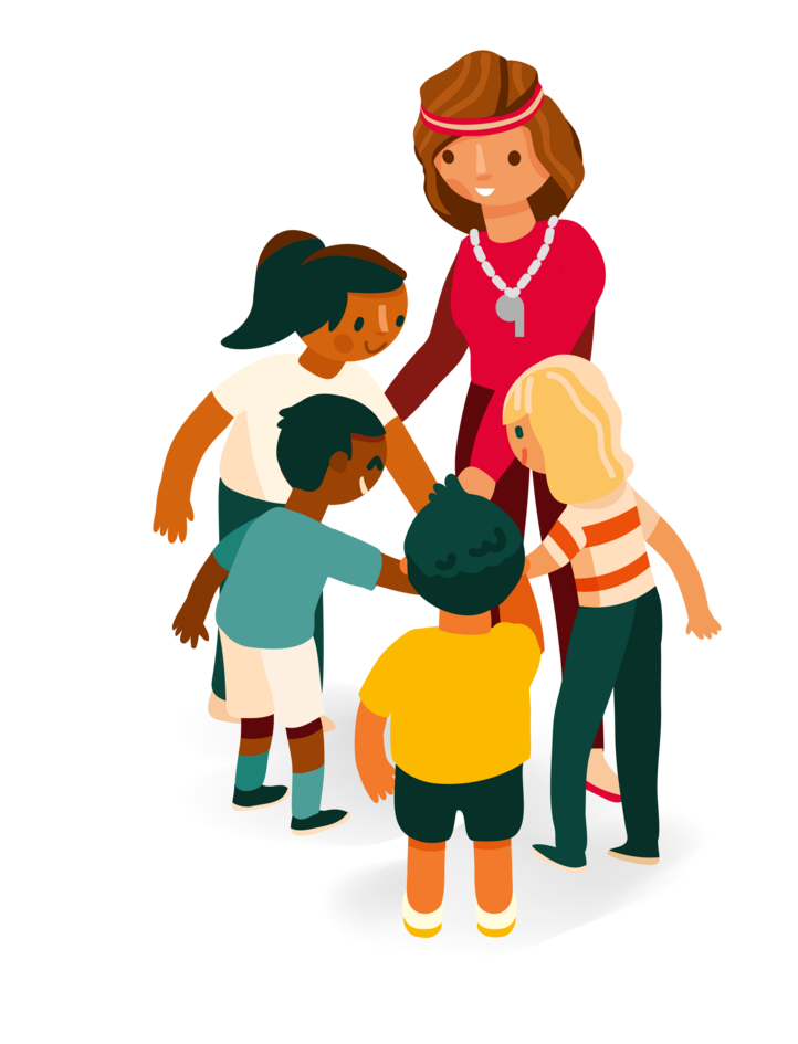 Illustration einer Trainerin mit vier Kindern, die ihre Hände zur Mitte legen, als Symbol für Teamgeist.