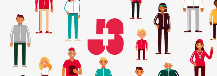 Illustration verschiedener sportlicher Menschen mit dem J+S-Logo in der Mitte.