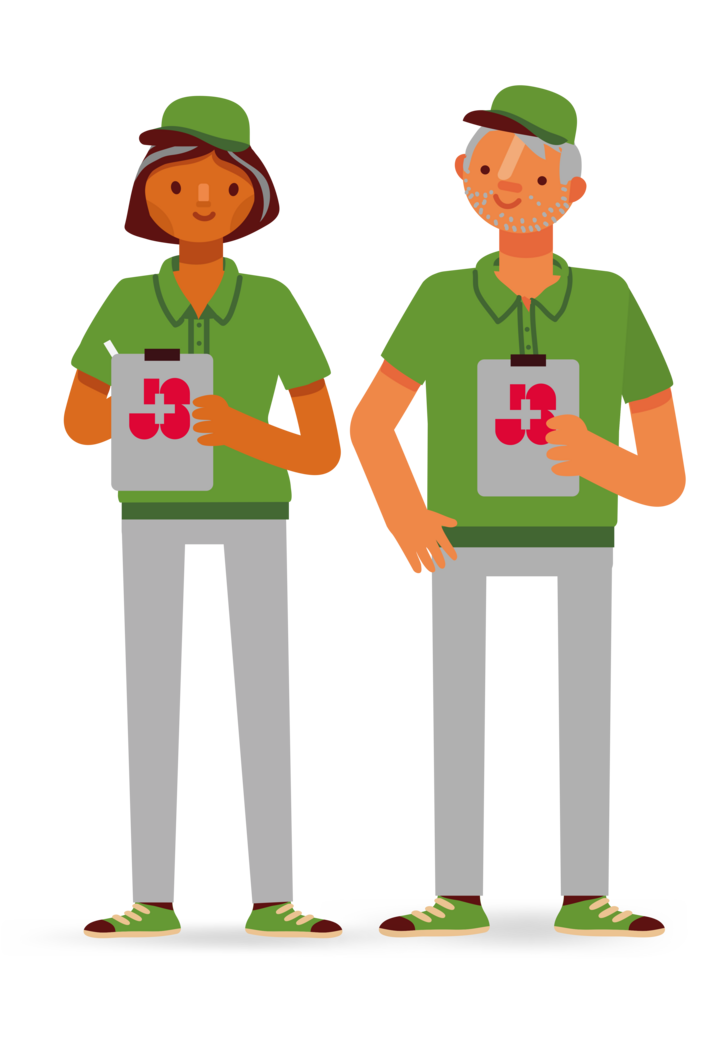 Illustration einer Frau und eines Mannes in grüner Sportbekleidung mit Kappe, die jeweils ein Klemmbrett mit J+S-Logo halten.