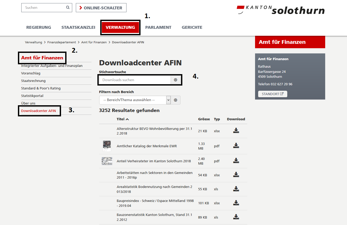 Symboldbild, um Amt für Finanzen zu finden: 1. Verwaltung; 2. Amt für Finanzen; 3. Downloadcenter AFIN; 4. Suchfeld benutzen