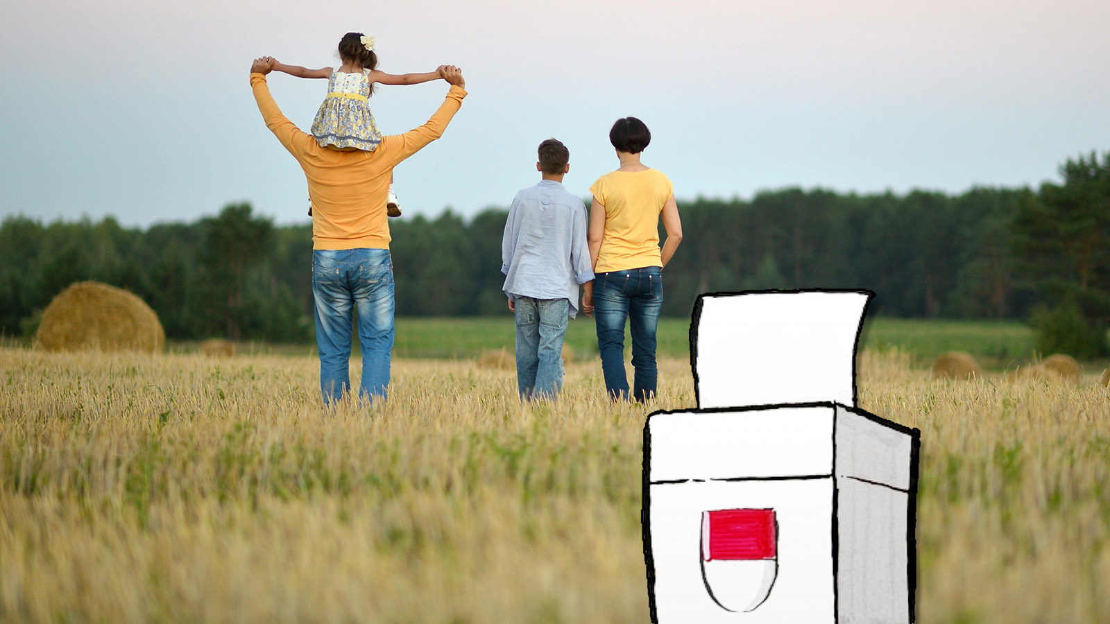 Silhouette einer Familie in einem Getreidefeld, mit Abstimmungslogo des Kantons Solothurn