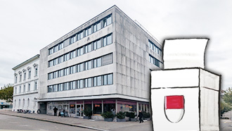 Aussenansicht des Gebäudes Bielstrasse 2 in Solothurn, darüber montiert die Darstellung einer Abstimmungsurne