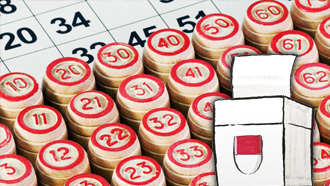 Lottonummern und eine Lottokarte, daneben die schematische Darstellung einer Abstimmungsurne