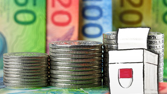 gestapelte Geldmünzen (CHF) vor einem Hintergrund aus Banknoten, darüber montiert die Darstellung einer Abstimmungsurne