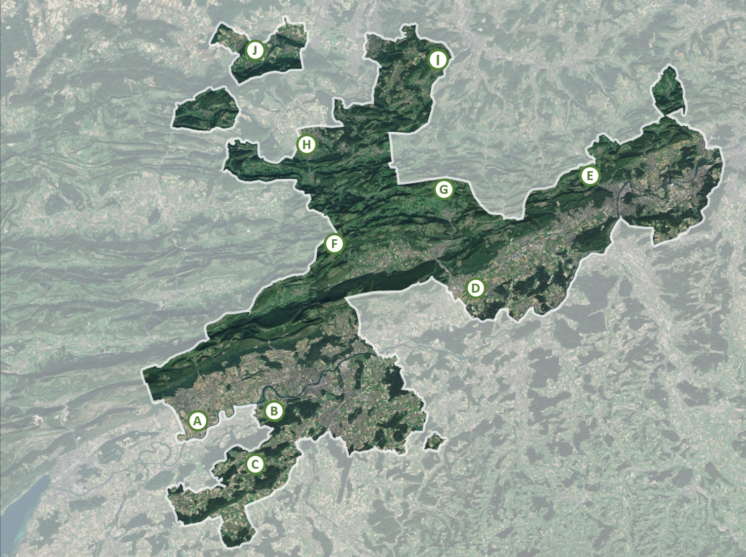 Luftbild Kanton Solothurn mit den nummerierten Landschafträumen. 